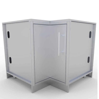 Gray metallic sunstone corner cabinet with central door white handle and black oval cutouts on side panels