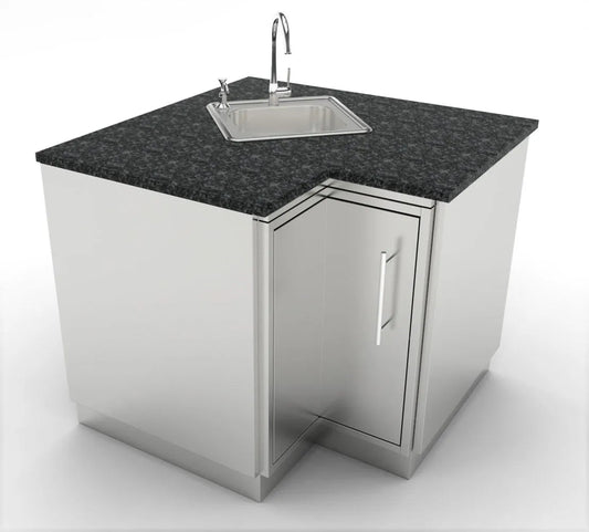 Stainless steel corner kitchen sink unit with black granite countertop and integrated faucet in sunstone cabinet sbc12sls