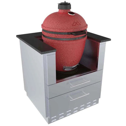 Red ceramic big green egg grill nestled in stainless steel Sunstone cabinet with black countertops and drawers