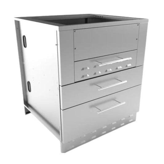 Stainless steel outdoor Sunstone cabinet for Kamado style grills with three drawers and a top compartment
