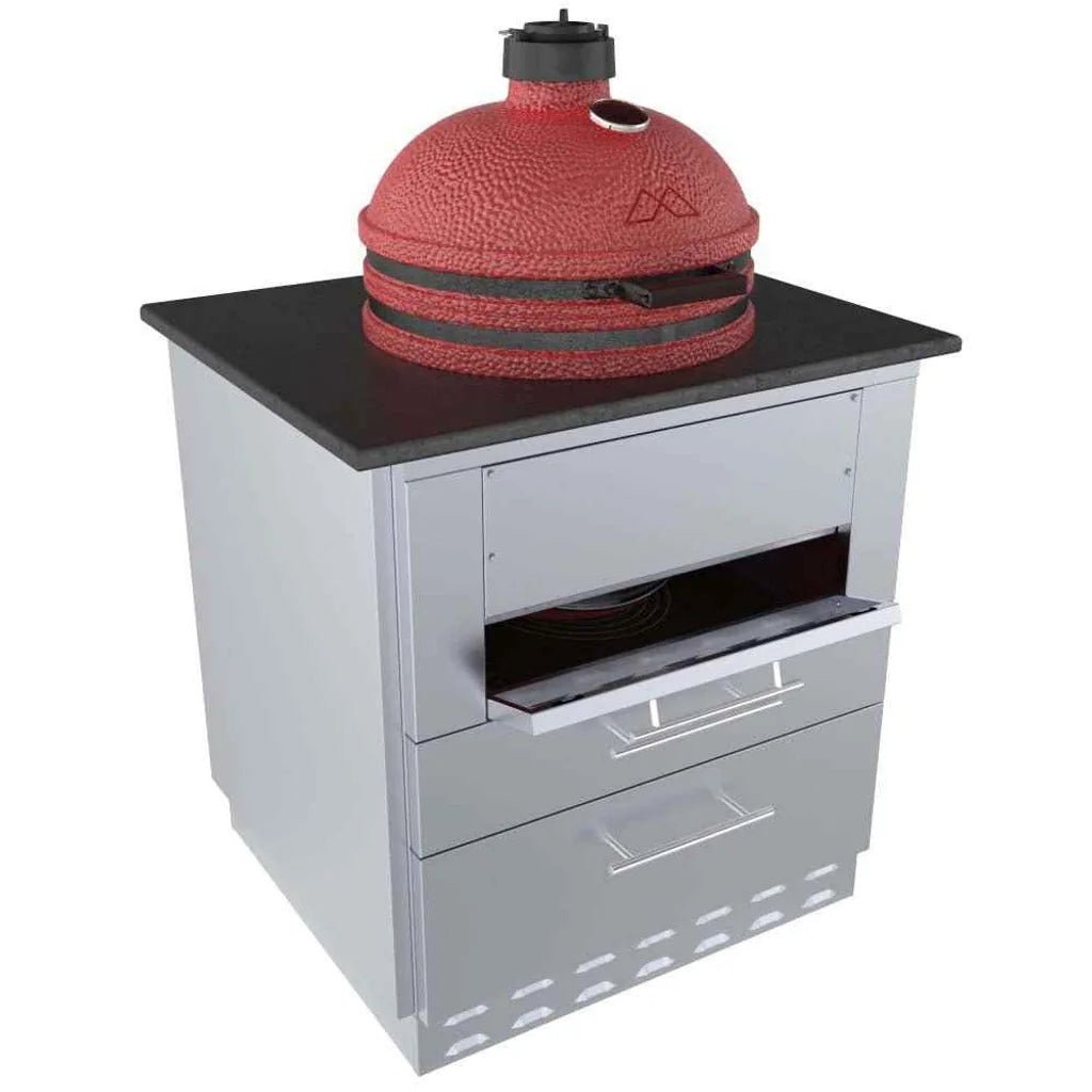 Red ceramic kamado grill with black lid and handle on stainless steel sunstone cabinet with drawers sac-30kbdc