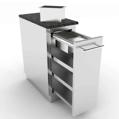 Sunstone cabinet stainless steel with two pull-out drawers and dark granite countertop for spice storage