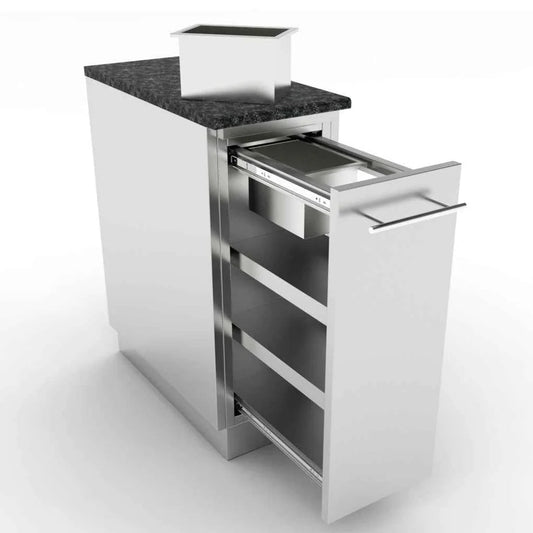 Sunstone cabinet stainless steel with two pull-out drawers and dark granite countertop for spice storage