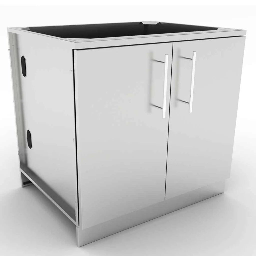 Sunstone stainless steel outdoor kitchen cabinet with double doors and black countertop for storage and organization