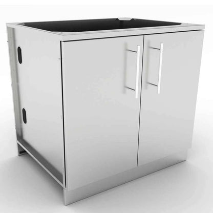 Sunstone stainless steel outdoor kitchen cabinet with double doors and black countertop for storage and organization