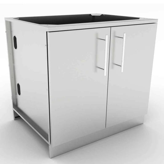 Sunstone stainless steel outdoor kitchen cabinet with double doors and black countertop for storage and organization