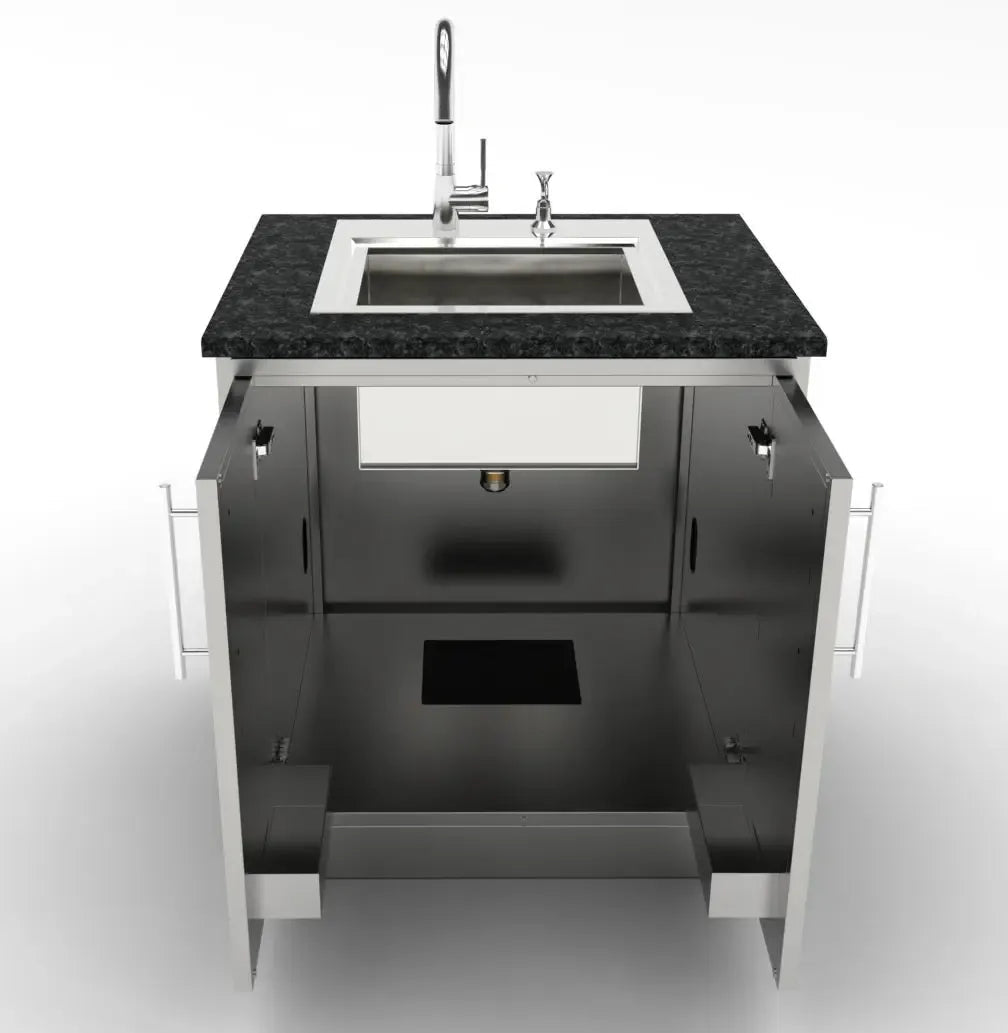 Sunstone cabinet for storage with double door featuring black granite countertop stainless steel sink and faucet on stainless steel island