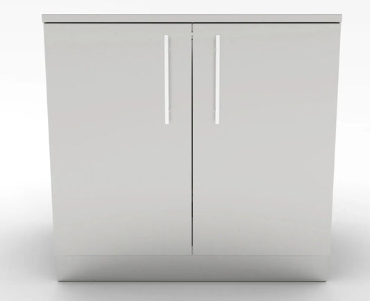 White sunstone cabinet for storage with double door sleek minimalist design and vertical silver handles