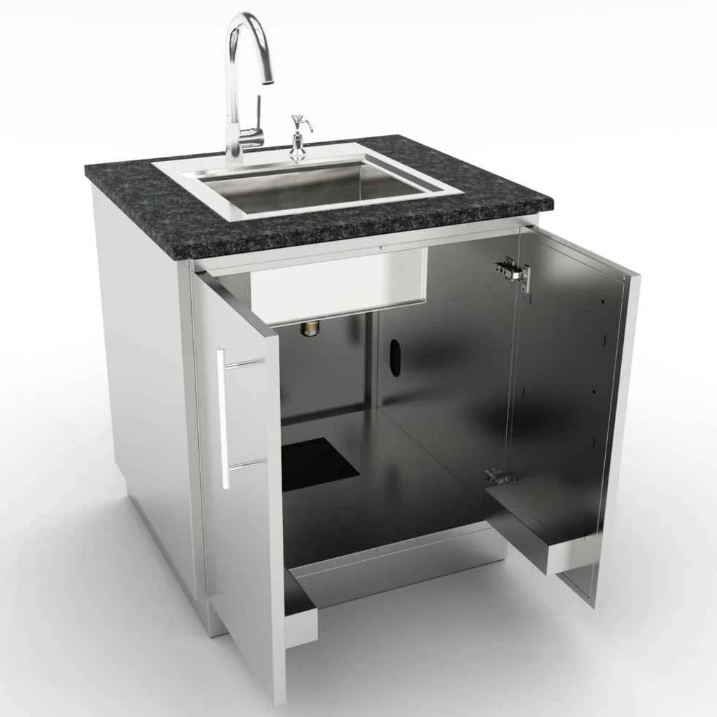 Stainless steel outdoor kitchen sink unit with black granite countertop and chrome faucet in sunstone cabinet sbc30fdd