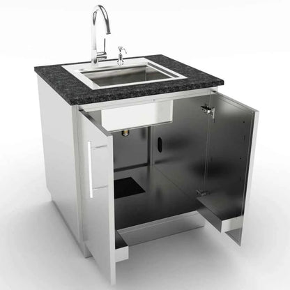 Stainless steel outdoor kitchen sink unit with black granite countertop and chrome faucet in sunstone cabinet sbc30fdd