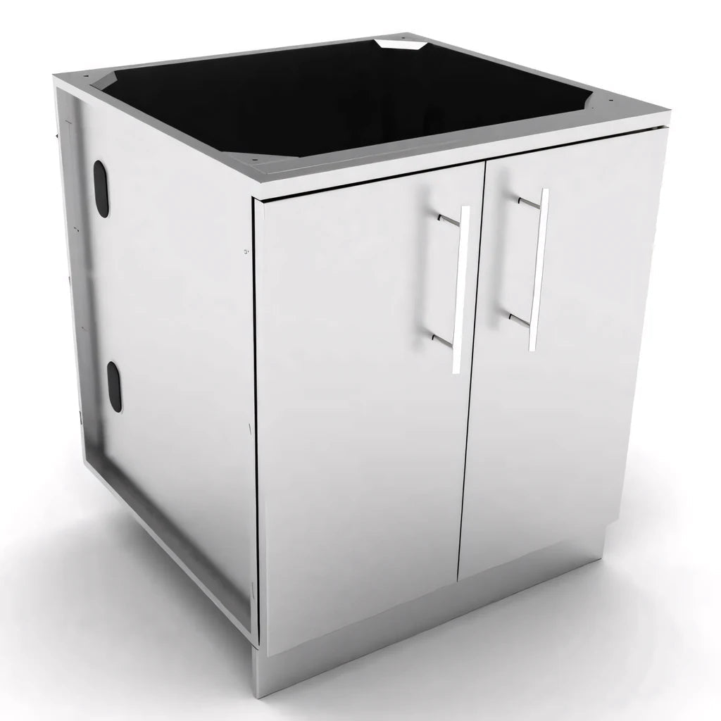 Stainless steel sunstone cabinet with double doors and black cooktop surface for outdoor kitchen storage