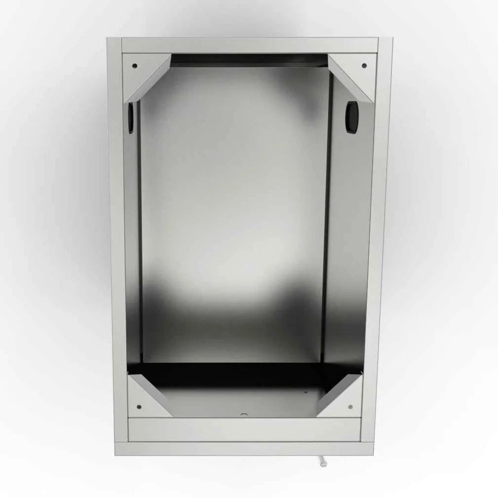 Sunstone stainless steel industrial cabinet storage with shelves featuring sleek minimalist design and black interior accents