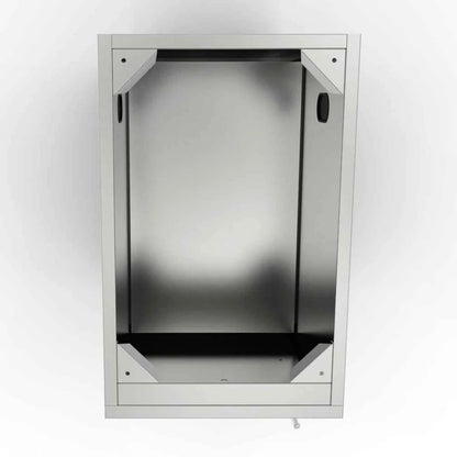 Sunstone stainless steel industrial cabinet storage with shelves featuring sleek minimalist design and black interior accents