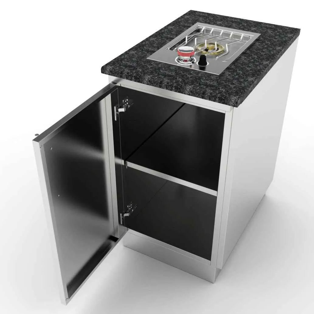 Stainless steel sunstone cabinet storage with shelves black granite countertop and built-in gas cooktop