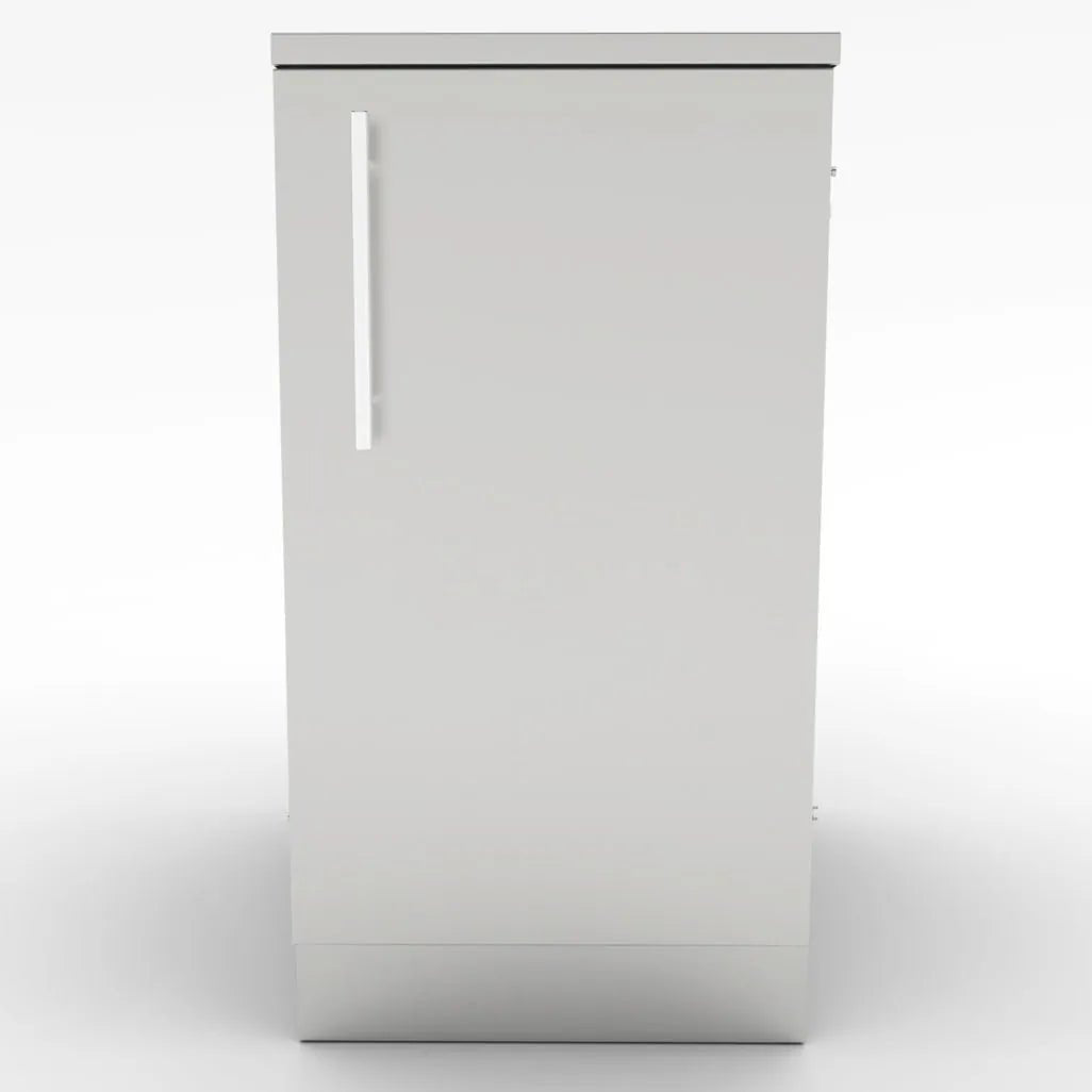 Modern minimalist white sunstone cabinet storage with sleek vertical handle and open shelves for organized storage