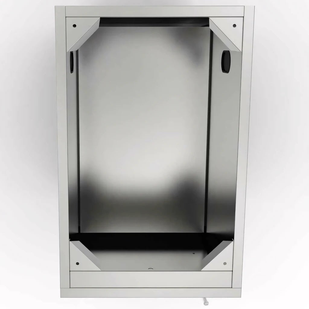 Silver stainless steel sunstone cabinet storage with shelves black interior and corner mounted handles