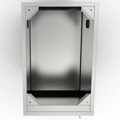 Silver stainless steel sunstone cabinet storage with shelves black interior and corner mounted handles