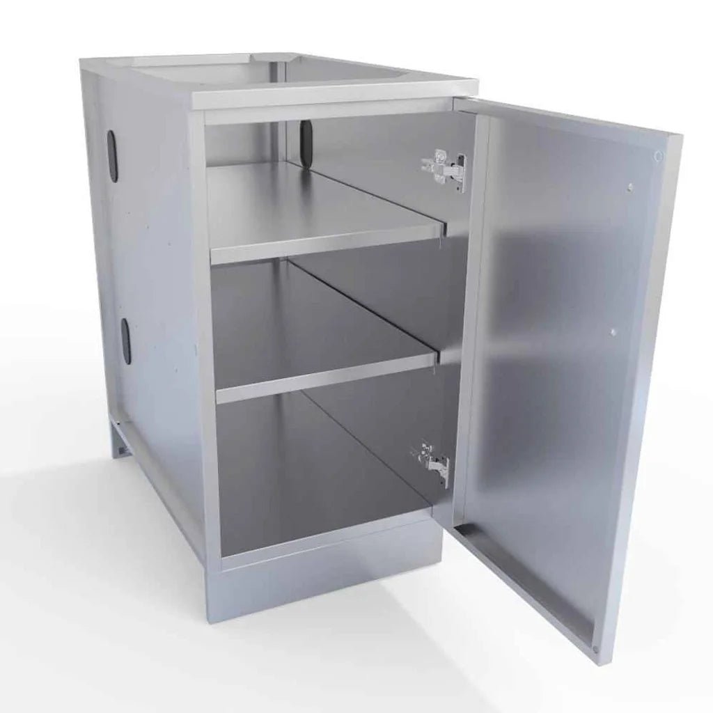 Silver stainless steel Sunstone utility cabinet with three adjustable shelves and a single door for storage
