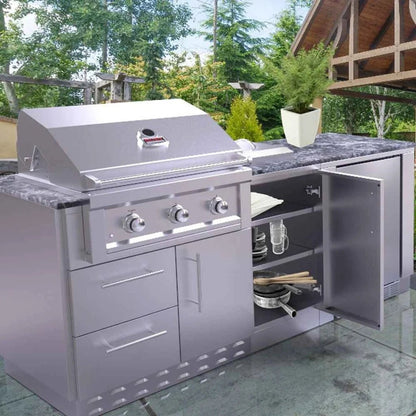 Sunstone stainless steel outdoor grill with sleek modern design and three control knobs for efficient cooking