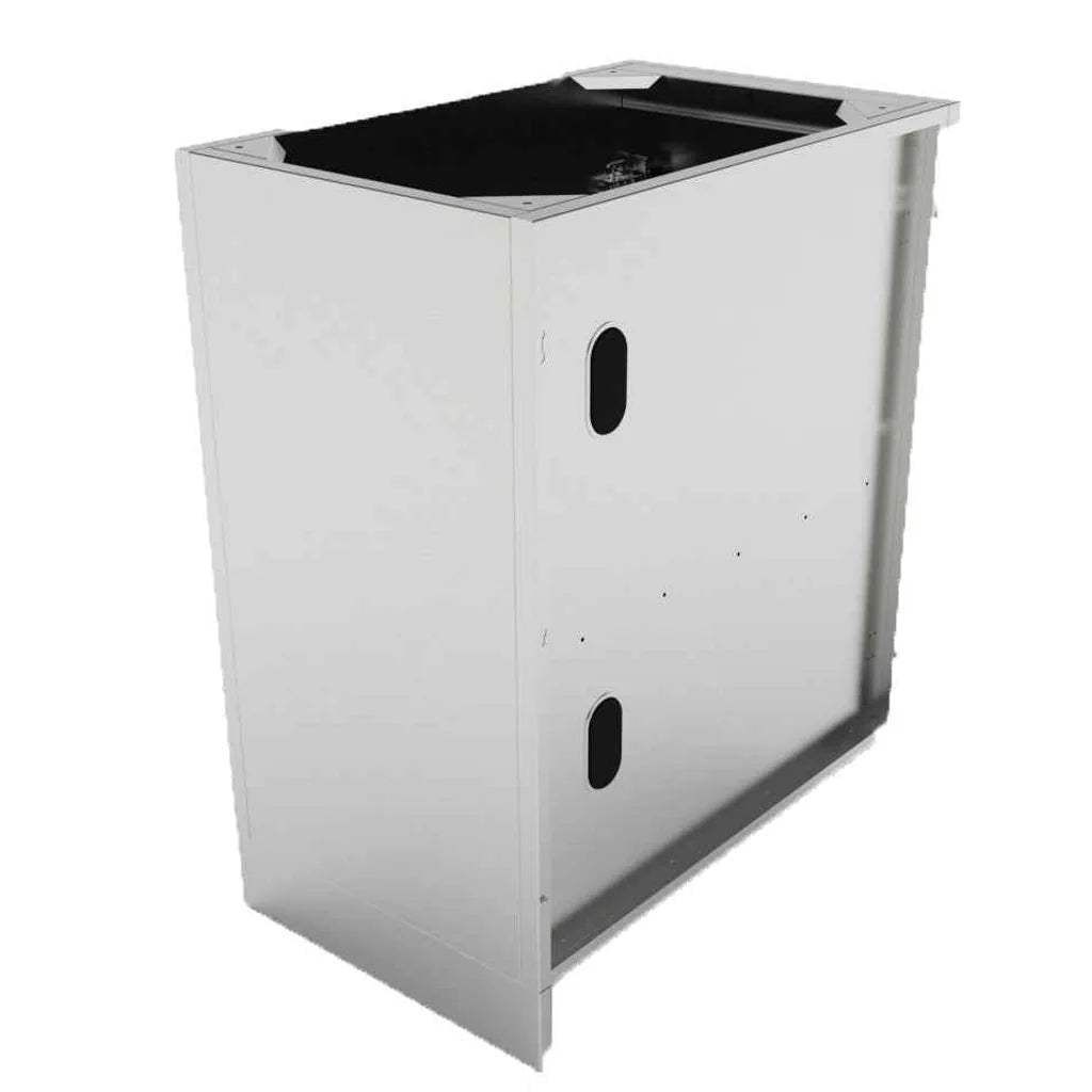 Silver metallic sunstone cabinet storage with shelves featuring two vertical oval cutouts on the side panel