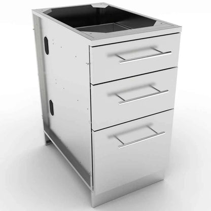 Sunstone stainless steel outdoor grill cart with three drawers and black interior cooking surface model SBC18STD