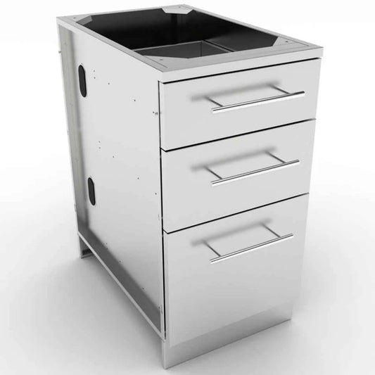 Sunstone stainless steel outdoor grill cart with three drawers and black interior cooking surface model SBC18STD