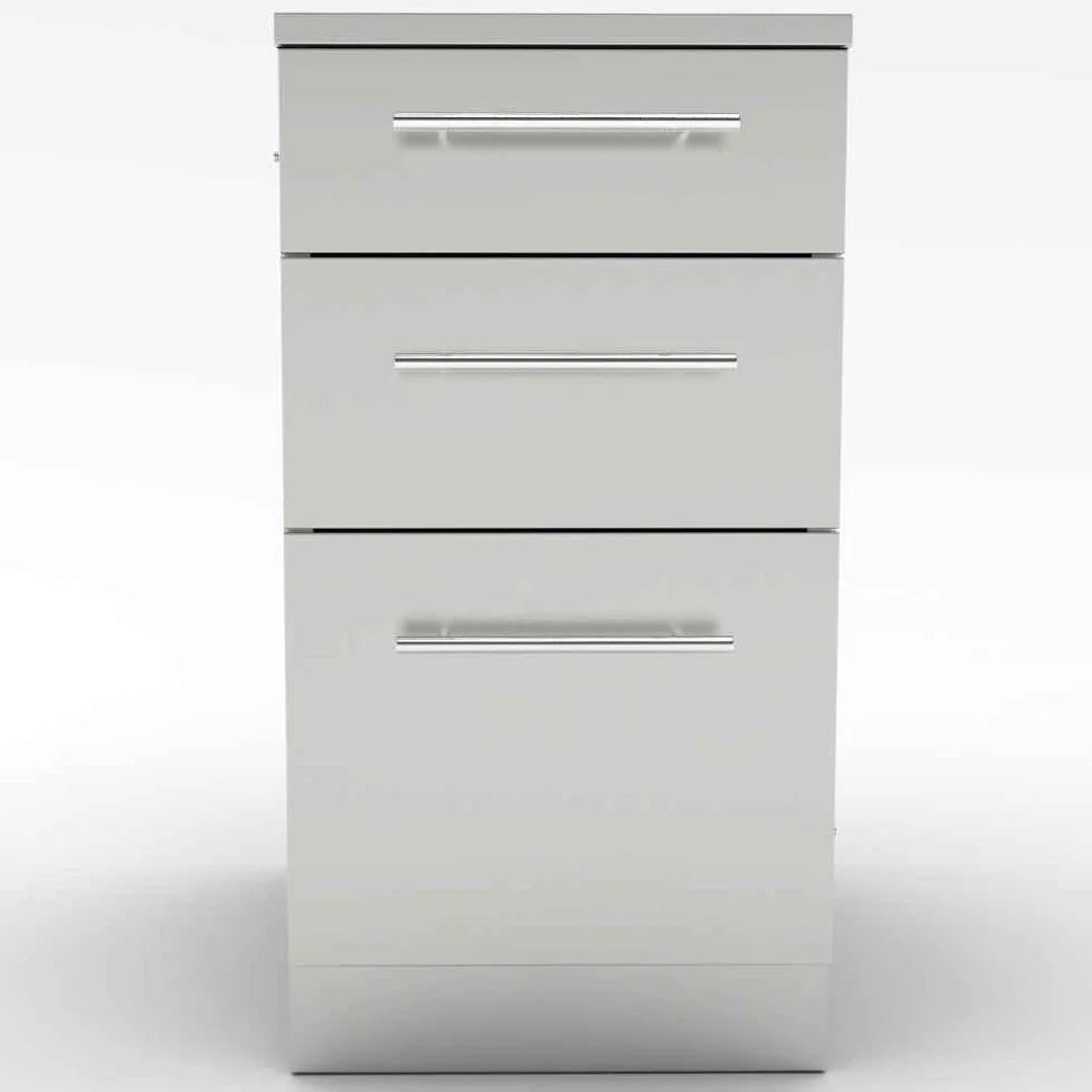 Silver Sunstone cabinet with 3 drawers featuring a sleek minimalist design and brushed metal handles