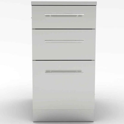 Silver Sunstone cabinet with 3 drawers featuring a sleek minimalist design and brushed metal handles