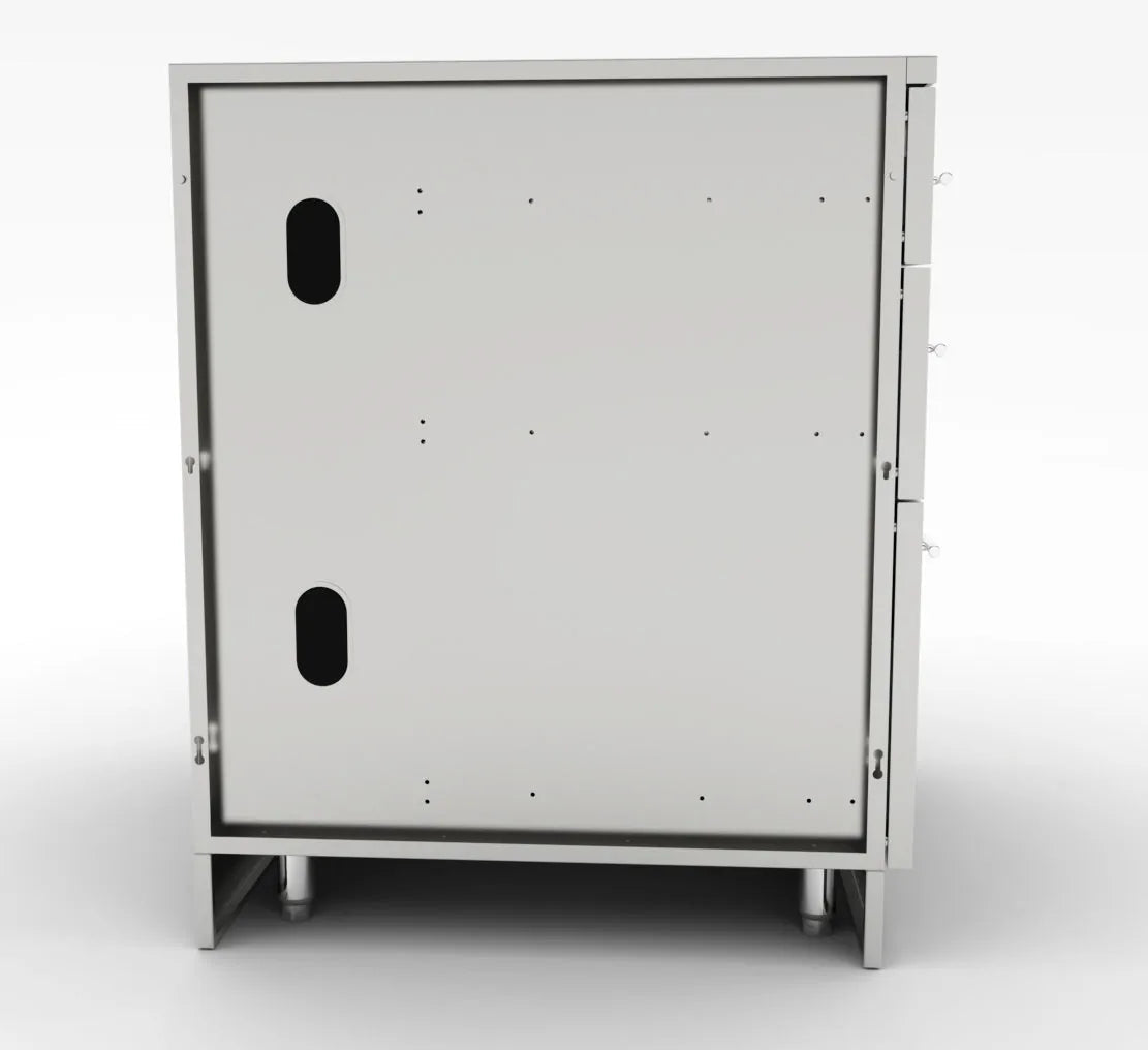Silver metallic sunstone cabinet with 3 drawers and oval cutouts on front panel in stainless steel design