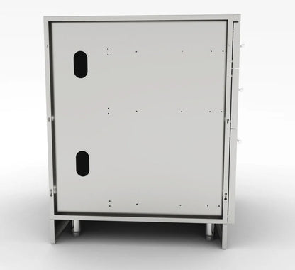 Silver metallic sunstone cabinet with 3 drawers and oval cutouts on front panel in stainless steel design