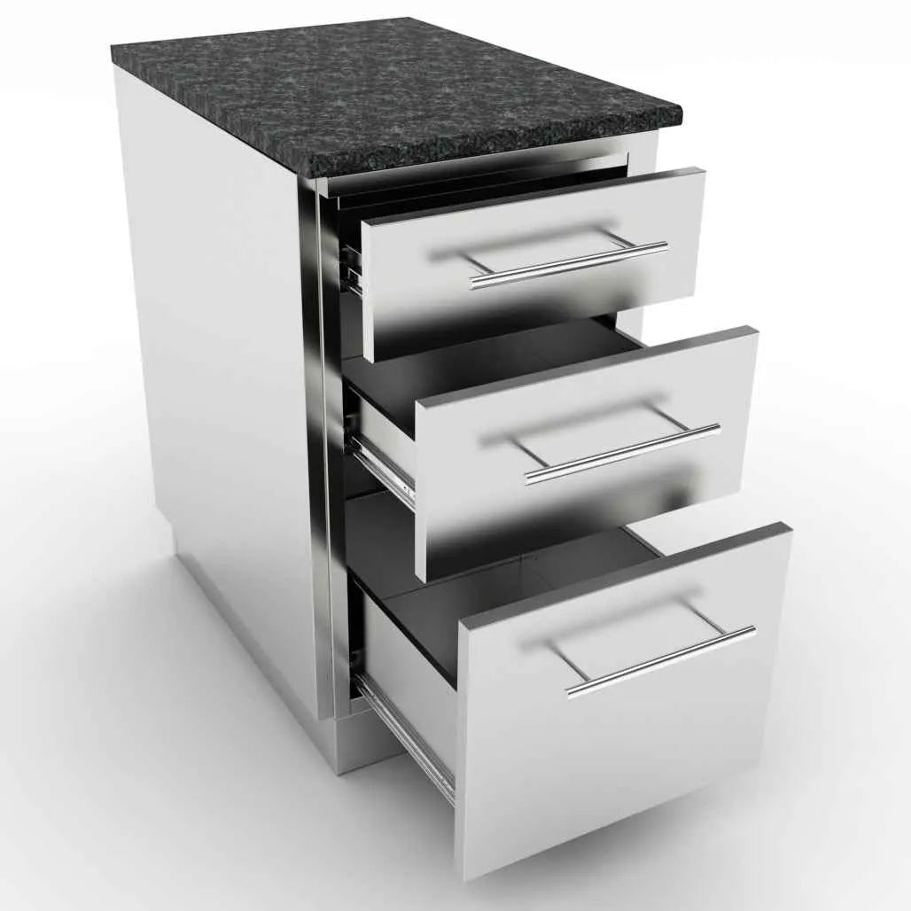 Stainless steel sunstone cabinet with three drawers and dark granite countertop for kitchen storage