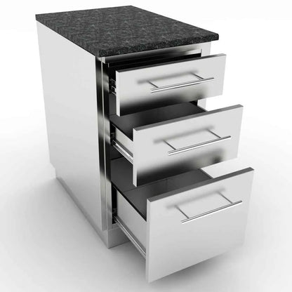 Stainless steel sunstone cabinet with three drawers and dark granite countertop for kitchen storage