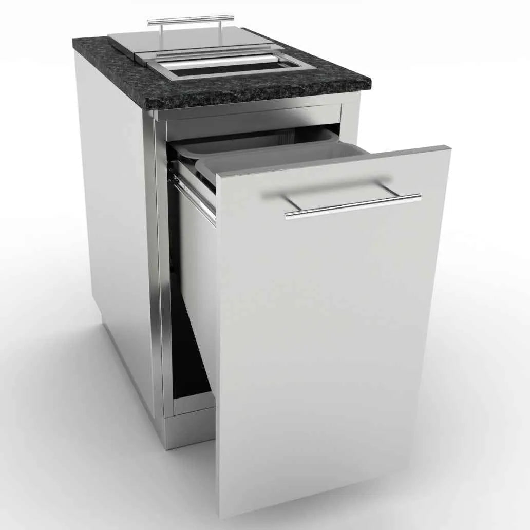 Stainless steel outdoor kitchen cart with black granite countertop and integrated sink sunstone cabinet with trash drawer