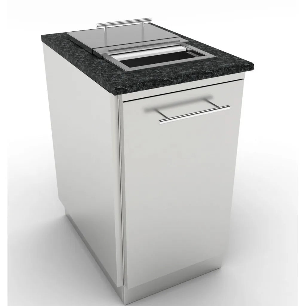 Sunstone cabinet with stainless steel trash drawer featuring a black granite countertop and integrated lid