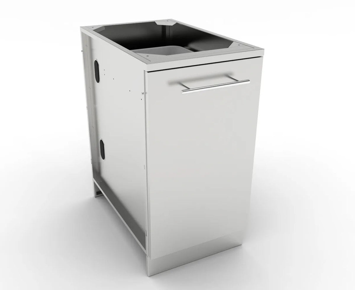 Stainless steel sunstone cabinet with trash drawer and integrated handle for outdoor grilling use