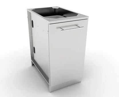 Stainless steel sunstone cabinet with trash drawer and integrated handle for outdoor grilling use