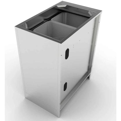 Sunstone stainless steel kitchen trash bin cabinet with two separate compartments for organized waste disposal
