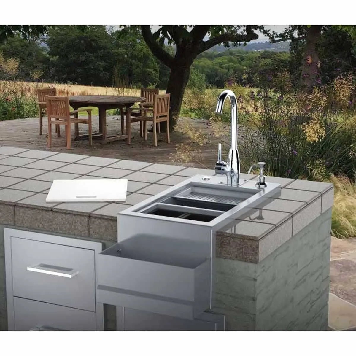 Sunstone cocktail station Pro B-CS14 modern stainless steel outdoor kitchen sink with sleek curved faucet and drainboard
