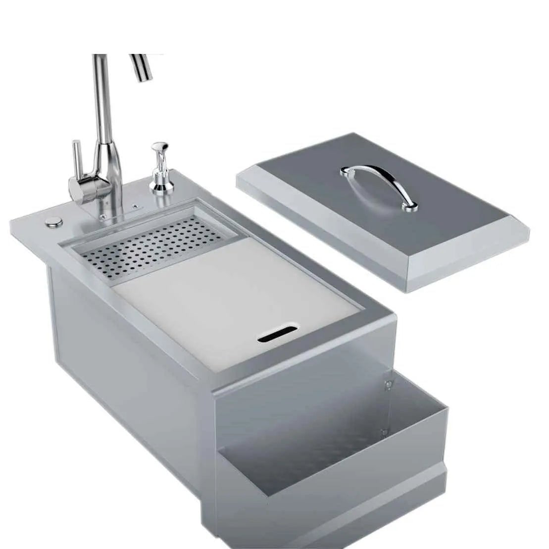 Sunstone cocktail station pro stainless steel outdoor kitchen sink with built-in cutting board and perforated drain area