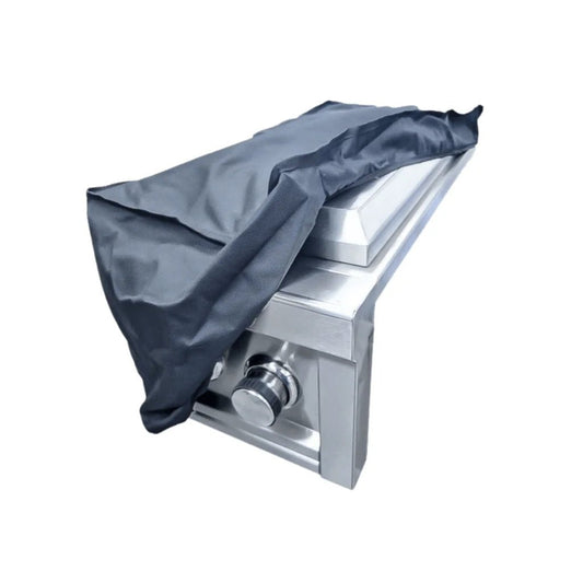 Dark gray Sunstone cover made of protective material draped over a stainless steel double burner outdoor grill