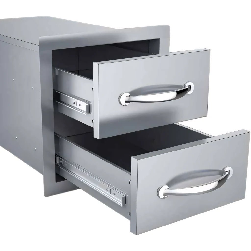 Stainless steel Sunstone double drawer kitchen unit with two drawers and polished chrome handles and modern design