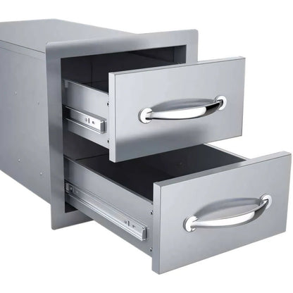 Stainless steel Sunstone double drawer kitchen unit with two drawers and polished chrome handles and modern design