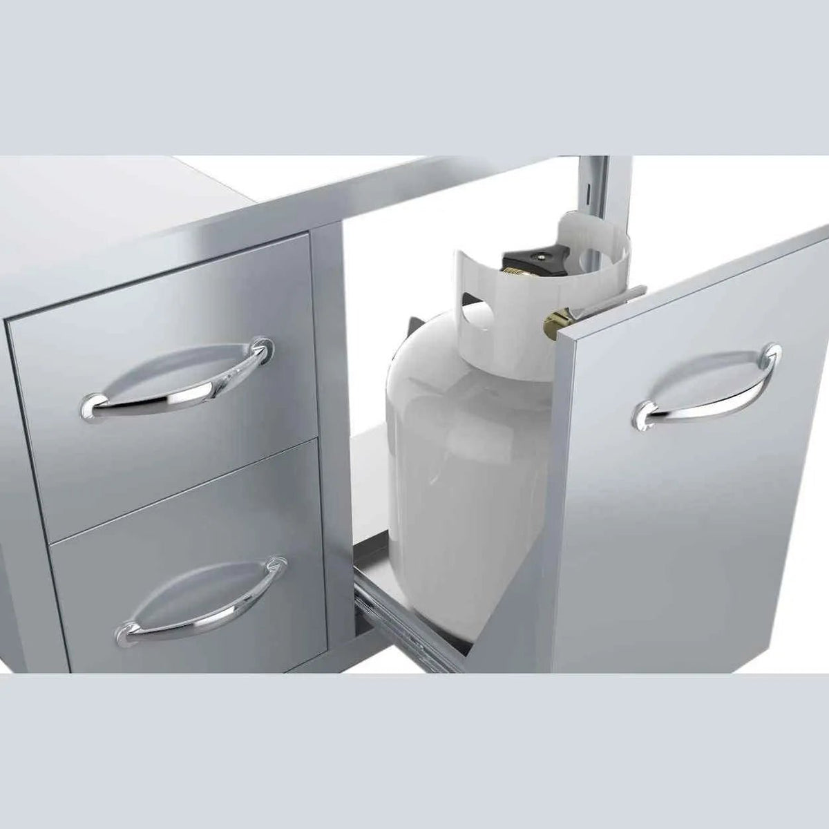 White propane tank with safety collar and black valve inside stainless steel drawer of sunstone double drawer combo
