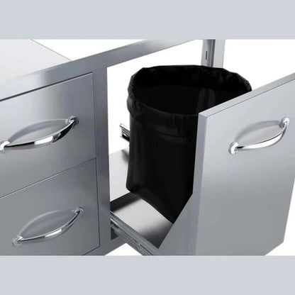 Black plastic trash bag inside pull-out drawer of sunstone double drawer and tank or trash tray combo A-LPCDD30
