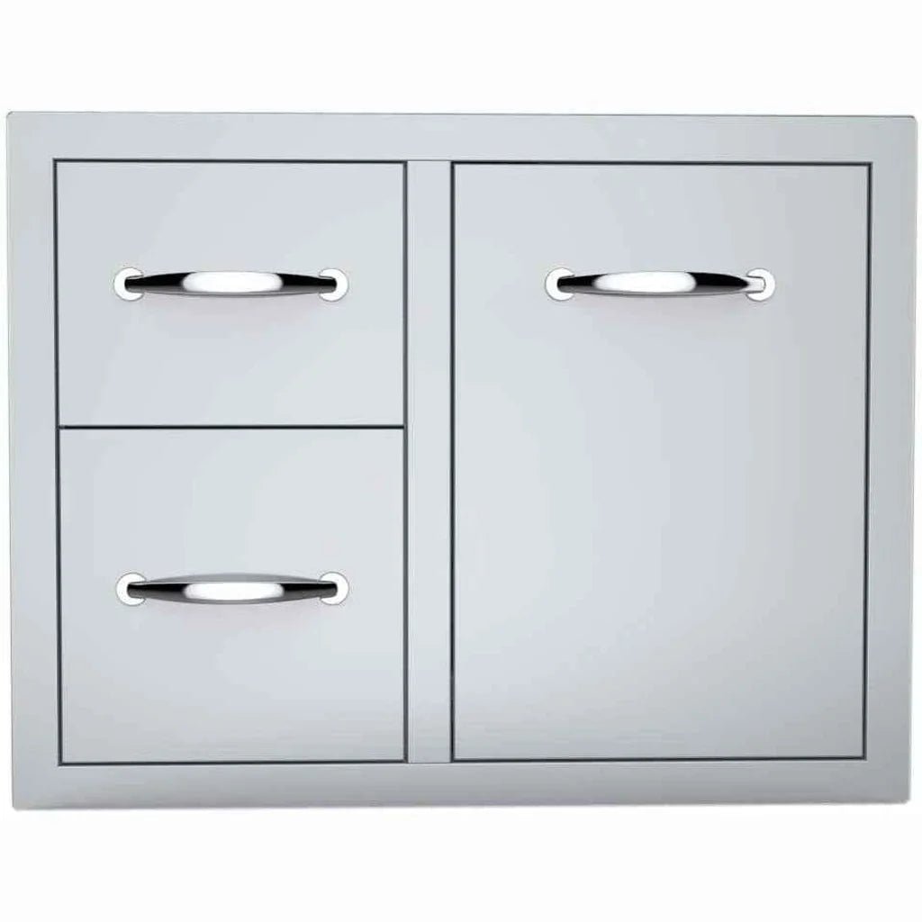 Silver stainless steel outdoor cabinet sunstone double drawer and tank or trash tray combo with sleek chrome handles