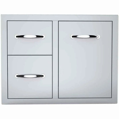 Silver stainless steel outdoor cabinet sunstone double drawer and tank or trash tray combo with sleek chrome handles