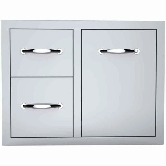 Silver stainless steel outdoor cabinet sunstone double drawer and tank or trash tray combo with sleek chrome handles