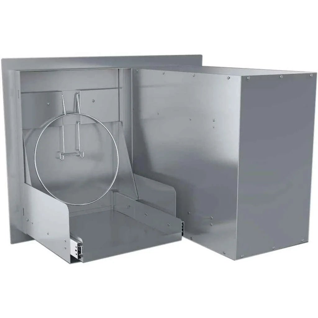 Silver stainless steel outdoor grill cart featuring a circular wire rack and sliding drawers by Sunstone A-LPCDD30