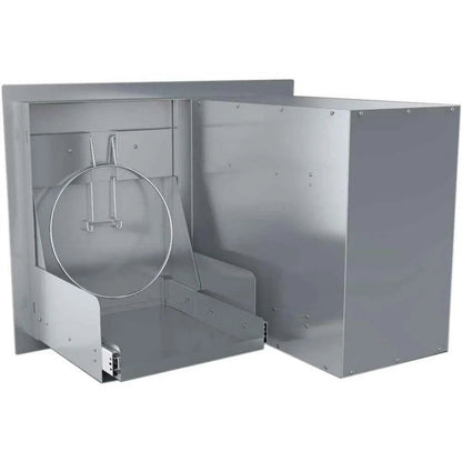 Silver stainless steel outdoor grill cart featuring a circular wire rack and sliding drawers by Sunstone A-LPCDD30