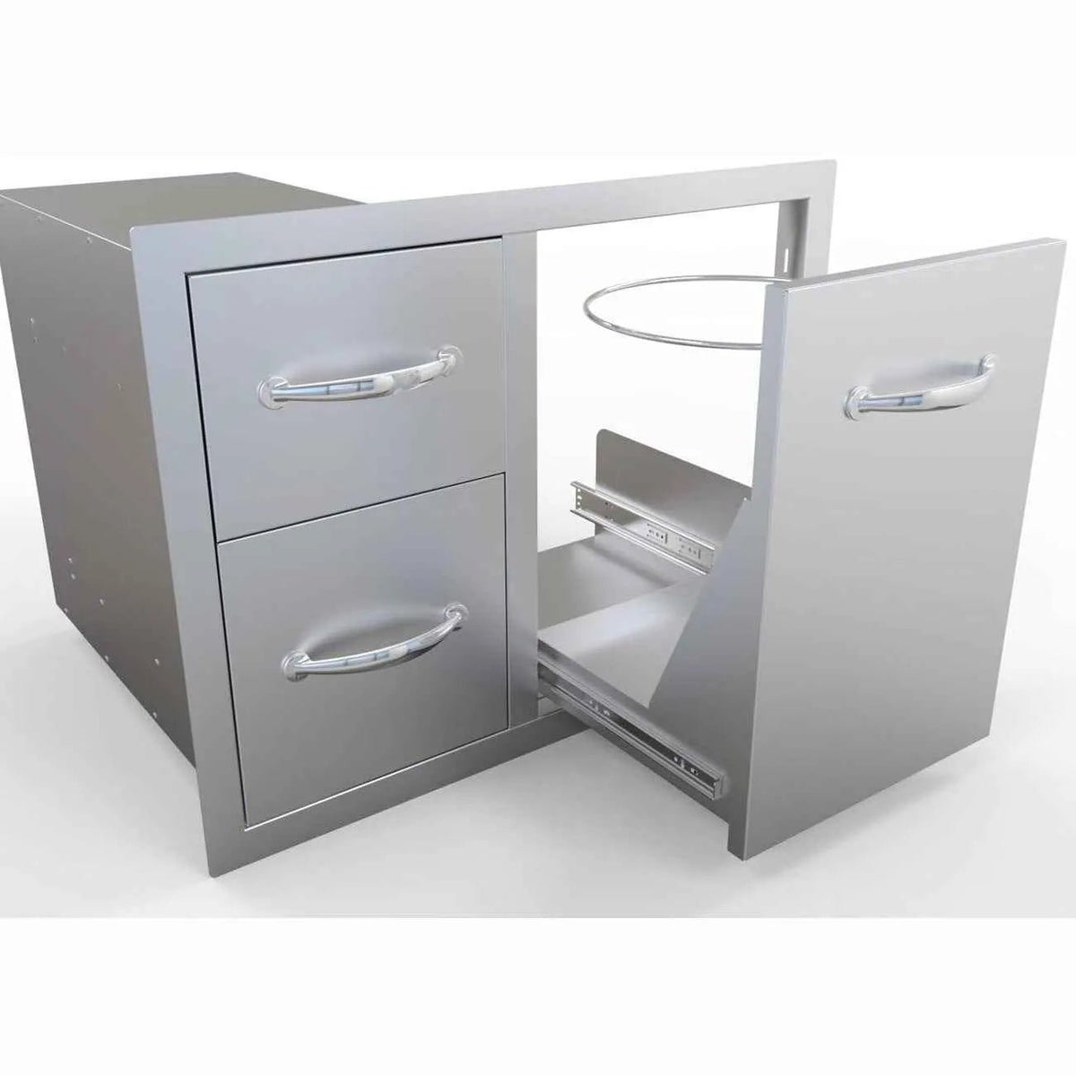 Stainless steel sunstone double drawer kitchen cabinet with sleek design and polished chrome handles for storage